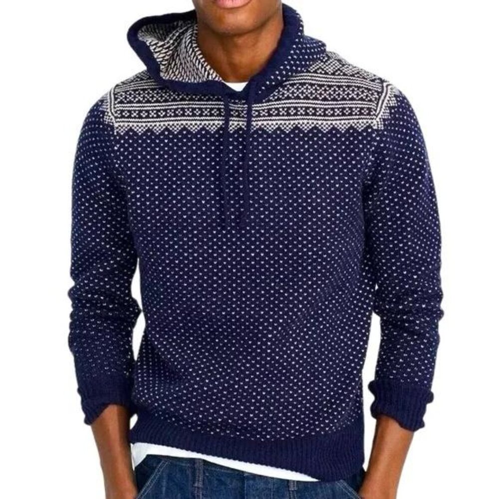 J. Crew Navy/White Fair Isle Hoodie Sweater Men's Size L